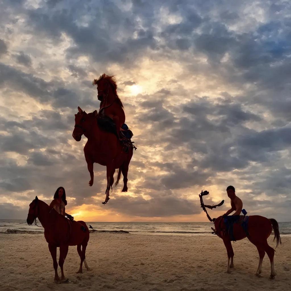 Image similar to Emin Gün Sirer riding a red horse in a white beach, sun sets, dramatic lighting, heroic exposure