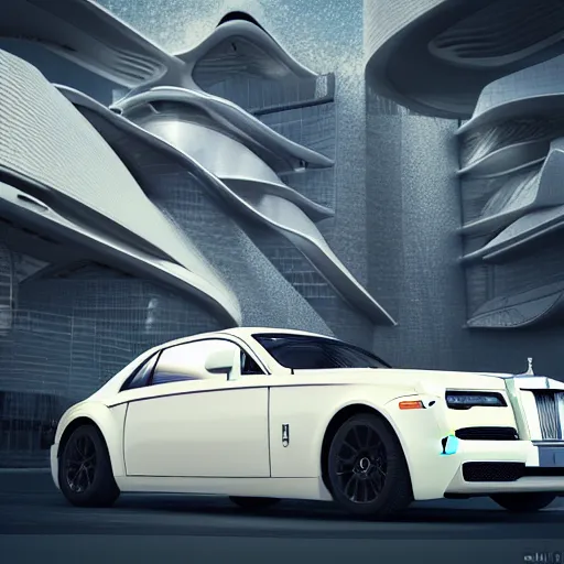 Image similar to khyzyl saleem car :: Rolls-Royce 103EX : medium size: 7, u, x, y, o medium size form panels: motherboard medium size forms : zaha hadid architecture : sci-fi futuristic setting: Ash Thorp car: ultra realistic phtotography, keyshot render, octane render, unreal engine 5 render , high oiled liquid glossy specularity reflections, ultra detailed, 4k, 8k, 16k: blade runner 2049 color colors : Cyberpunk 2077, ghost in the shell, thor 2 marvel film colors: cinematic, high contrast: tilt shift: sharp focus