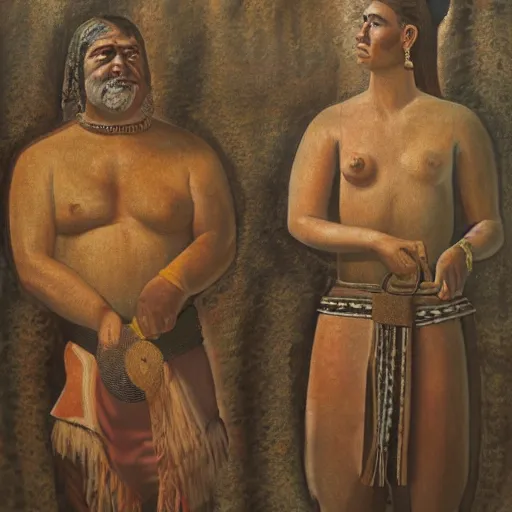 Prompt: a highly detailed oil painting of chalcolithic iberian man and woman, bell beaker people of the chalcolithic and early bronze age atlantic