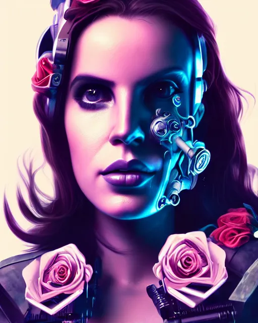 Image similar to portrait of lana del rey as a cyberpunk cyborg. sci - fi intricate abstract upper body intricate artwork, roses, rose petals by tooth wu, wlop, beeple, dan mumford. concept art, octane render, trending on artstation, greg rutkowski, asymmetrical, cinematic arthouse, key art, hyper realism, iridescent accents