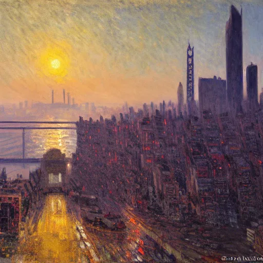 Image similar to Lisbon in 2087, cyberpunk dark academia, by Simon Stålenhag and Claude Monet, oil on canvas