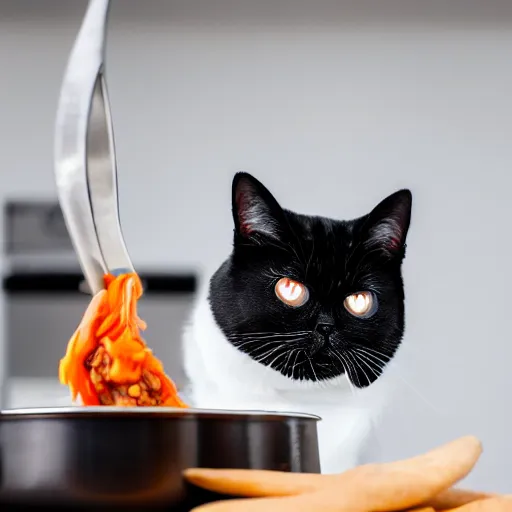 Image similar to photo of black and white exotic shorthair cat cooking a pot of chili in a modern kitchen