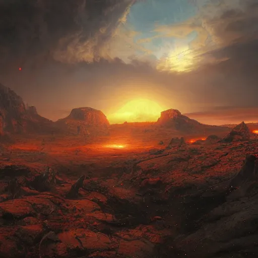 Prompt: gate to hell in the plains with red sky and meteors, volumetric lighting, 8 k octane beautifully detailed render, post - processing, extremely hyper - detailed, intricate, epic composition, cinematic lighting, masterpiece, trending on artstation, detailed detailed detailed, masterpiece, stunning art by anders zorn, wonderful masterpiece by greg rutkowski, beautiful cinematic light,