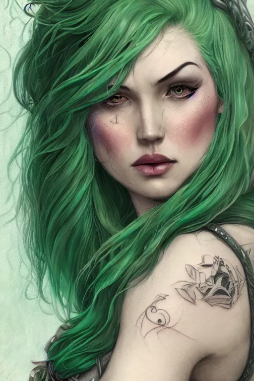 Image similar to green hair tattooed pinup hannah murray, rogue bard, feathers, baldurs gate, diablo, dnd, deep focus, turnaround, fantasy, intricate, elegant, highly detailed, digital painting, artstation, concept art, matte, sharp focus, illustration, hearthstone, art by artgerm and greg rutkowski and alphonse mucha.