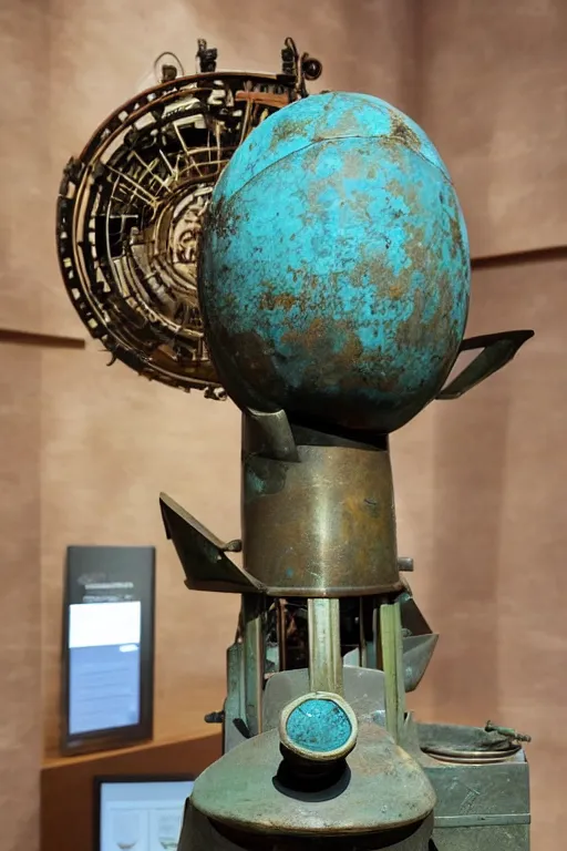 Image similar to a martian artifact of a mechanical astrological machine in a museum with a description placard, bronze, old, alien, verdigris, mechanical, museum display