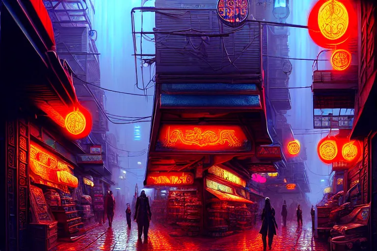 Image similar to a highly detailed bazaar street in the cyberpunk city of new washington, amazing cyberpunk digital painting, by gerald brom, brom digital art, intricate details, ultra realistic, beautiful art, volumetric lighting, ultra realistic, by art germ, warm colors advance cool colors recede, by brom, trending cgsociety, artstation, rim lighting, 8 k