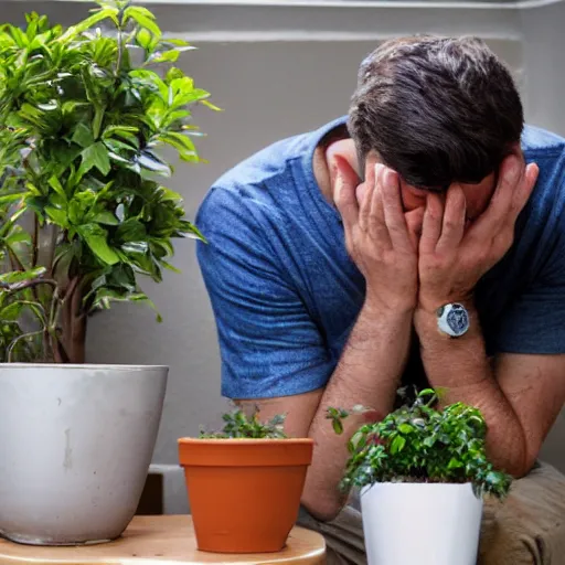 Image similar to a man sobbing over his dying potted plant