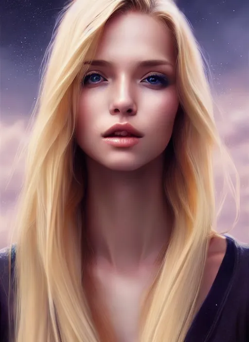 Image similar to image of a gorgeous female with long blonde hair in the style of stefan kostic, realistic, full body shot, wide angle, sharp focus, 8 k high definition, insanely detailed, intricate, elegant, art by stanley lau and artgerm, floating embers