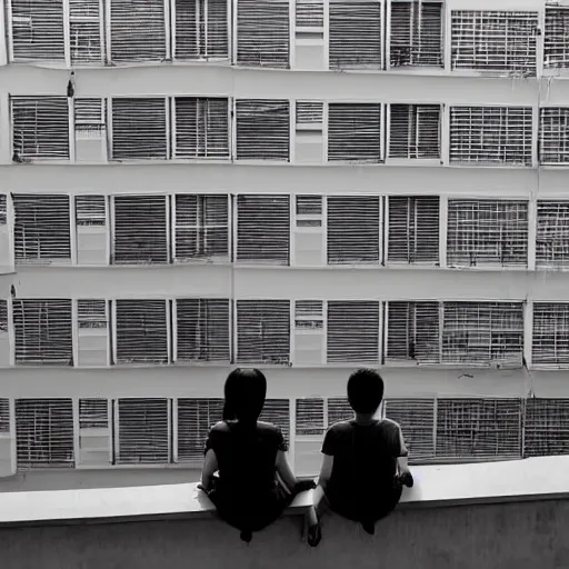 Prompt: photo of two singaporean students sitting on the roof of a hdb flat, black and white, award winning, composition