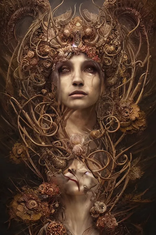 Image similar to alluring detailed cgi matte painting tanned female empress of the life and fertility, by ellen jewett, tomasz alen kopera and justin gerard | symmetrical, vivacious, realism, grunge, intricate, ornate, royally decorated, skull, skeleton, whirling smoke, glowing particles, colorful adornments, colorful torn fabric, radiant colors