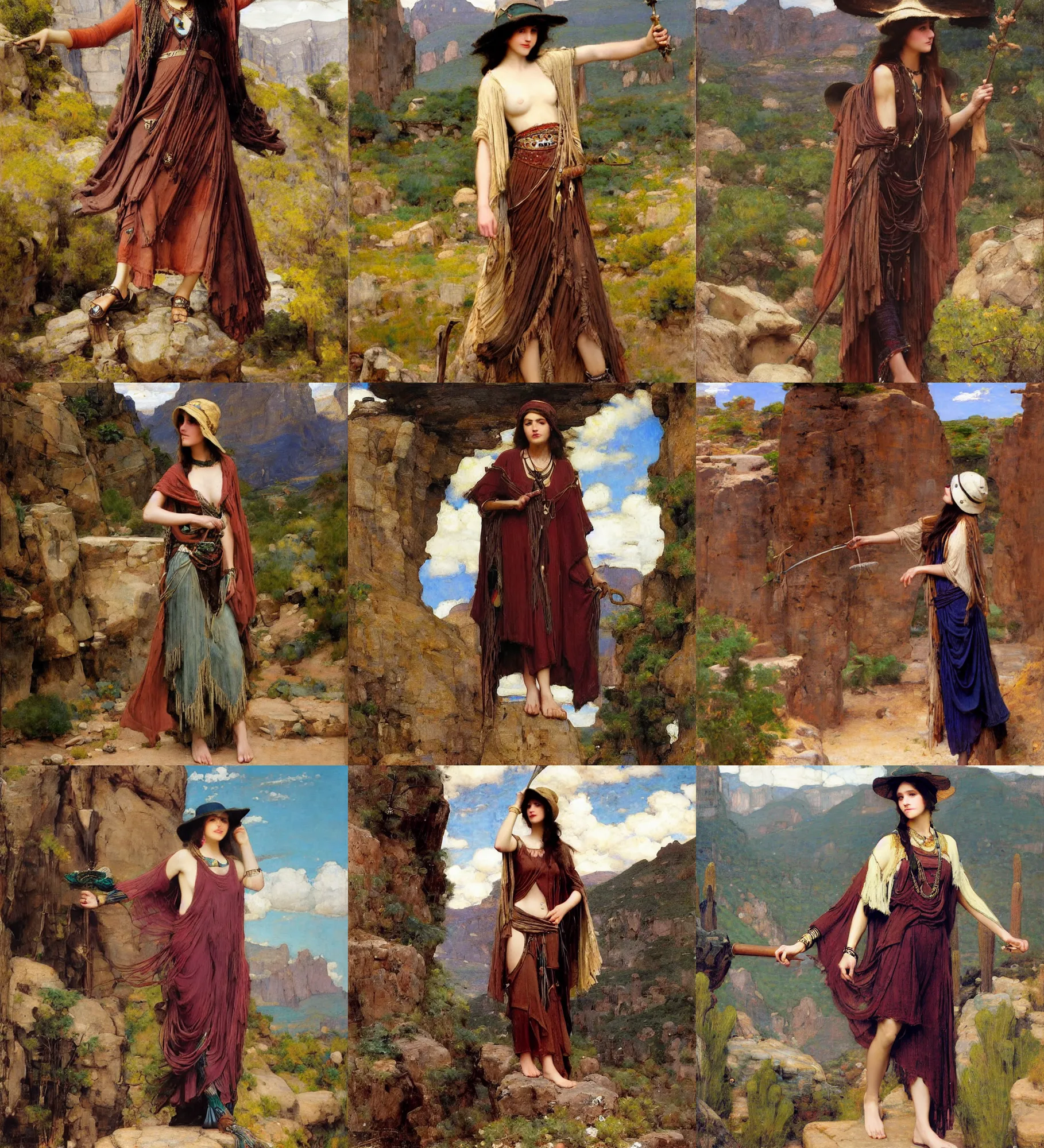 Prompt: fashionable young woman wearing hat and boho poncho in nature mountains and desert, rich jewerly artwork by john william waterhouse and Edwin Longsden Long and Theodore Ralli and Henryk Siemiradzki, levitation, industrial rusty pipes, simple form, brutal shapes