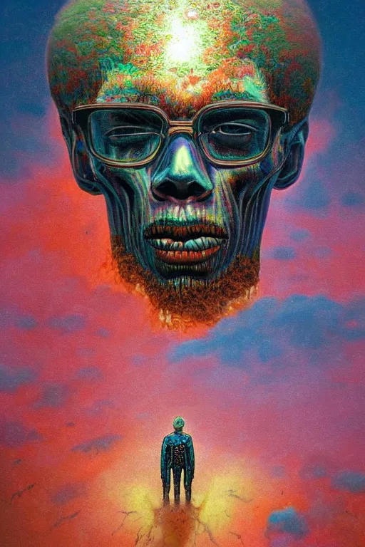 Image similar to 4K Malcom X cyberskull portrait inspired in beksinski and dan mumford work, remixed with Simon Stalenhag work, sitting on the cosmic cloudscape