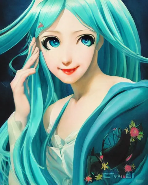 Image similar to A very very beautiful painting of Hatsune Miku by Gil Elvgren