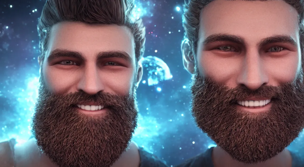 Image similar to Close up smiling handsome man with glowing galaxy eyeballs and majestic beard, professional studio photography, depth of field, intricate details, photorealistic, high quality. Rendered with autodesk arnold unreal engine octane render Lumion Blender Maxwell.