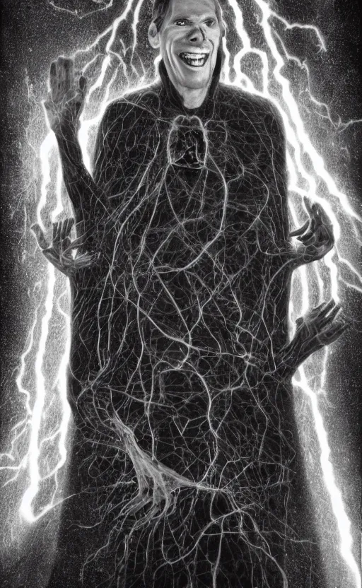 Prompt: full body of eldritch smiling jerma, surrounded by beams of light dark background by wayne barlow, stanley donwood, anton semenov, zdzislaw bekinski, hr giger, 8 k, fantasy, dark, highly detailed