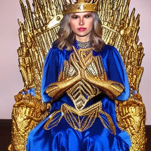 Prompt: superhero women wearing a crown, intricate, golden, sitting on a throne, majestic