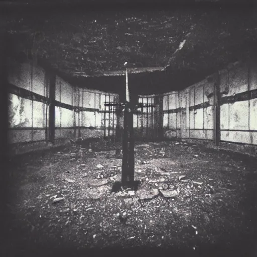 Image similar to occult sacrifice site in an abandoned school playground, dark and scary lighting, real photo taken with Polaroid camera