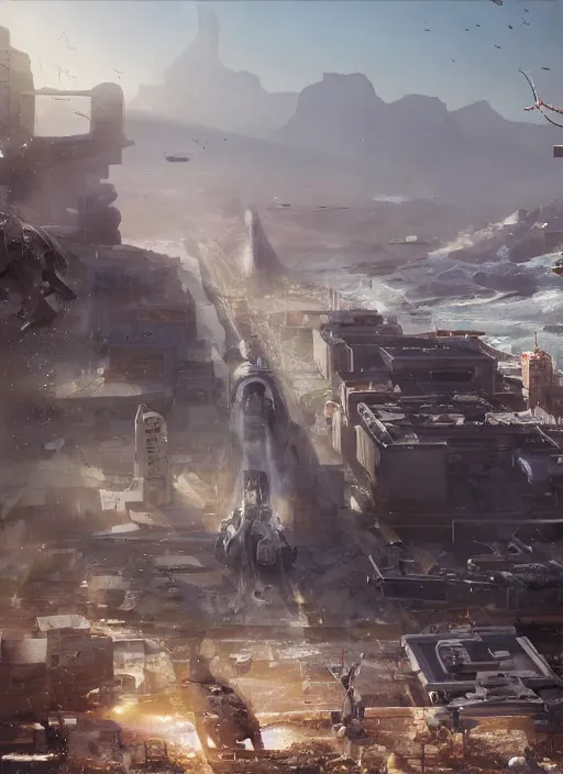 Image similar to hyper realistic squid robot attacking cape town city, table mountain explosions, atmospheric beautiful details, strong composition painted by kim jung giu weta studio rutkowski, james gurney and greg rutkowski, and lucasfilm