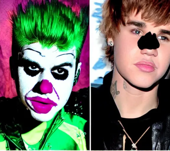 Image similar to color still shot of justin bieber lead singer performing in music group insane clown posse, face closeup, detailed