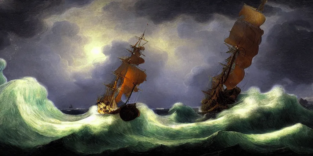 Prompt: an digital painting of the greatest seafarer of all time losses his ship. in a terrifying storm the beam collapsed under the weight of the monstrous wave. he was the only one who survived, but at what cost, intricate details, detailed sky, starry night, artstation, epic scenery, colourful sky, by marco bucci and rembrandt