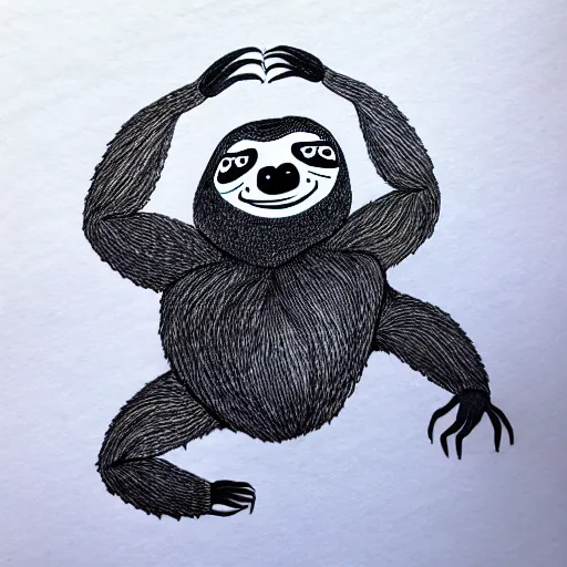 Prompt: sloth with eight arms, drawn with a black 0. 3 mm fineliner on a white paper