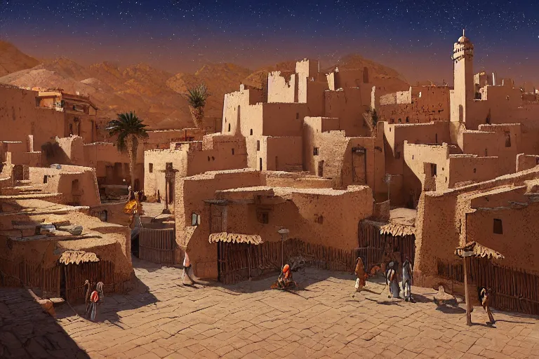 Image similar to at night low angle in the middle of a adobe house kasbah town, mud and brick houses, merchant street, pueblo dense architecture, colorful crowd. Huge Persian white temple in a plaza, round roof. Kite in the sky. Scenic view at night, underexposed, clean horizon, matte painting by craig mullins and dan mumford, dark fantasy, style of game of thrones, concept art trending on artstation, 4k, insane details