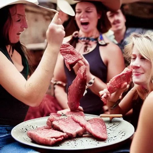 women eating cowboy human meat for dinner, Stable Diffusion