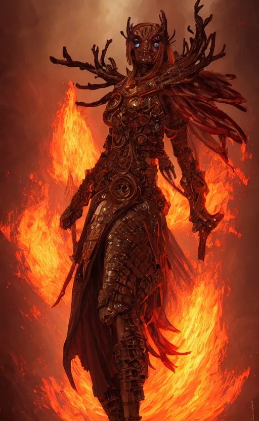 Image similar to warforged wildfire druid, dramatic pose, d & d, fantasy, intricate, very beautiful, highly detailed, elegant, digital painting, artstation, concept art, matte, smooth and sharp focus, rpg artwork, illustration, by rene maritte and tian zi and wlop and alsphonse mucha and artgerm and and pino daeni and dan mumford,