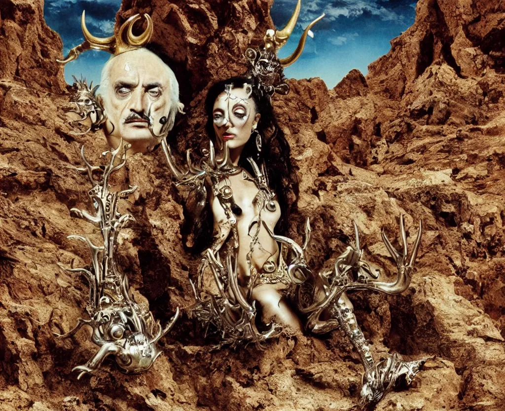 Image similar to portrait of salvador dali wearing a horned crown and costume with jewels in a dry rocky desert landscape, alien spaceship by giger, film still from the movie by alejandro jodorowsky with cinematogrophy of christopher doyle and art direction by hans giger, anamorphic lens, kodakchrome, very detailed photo, 8 k