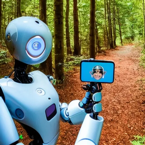 Image similar to A robot taking a selfie in the forest and grinning from ear to ear