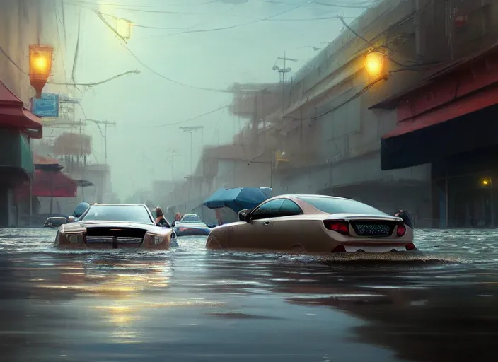 Prompt: cars driving through shallow water, flooded city, people walking through shallow water, muted colors, highly detailed, hyperrealistic, oil painting, intricate, cgsociety, artstation, 8 k, cinematic, soft lighting, by greg rutkowski, by wlop, by artgerm