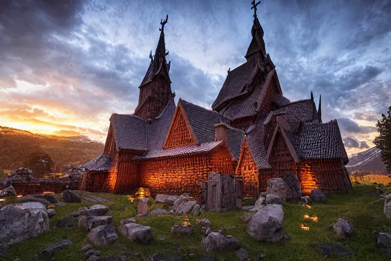 Prompt: Heddal Stave Church in Norway at sunset, surrounded by many little glowing orbs floating around. Photo-realistic UHDR, hyperrealism, luminescence, very detailed, cinematic, DoP.