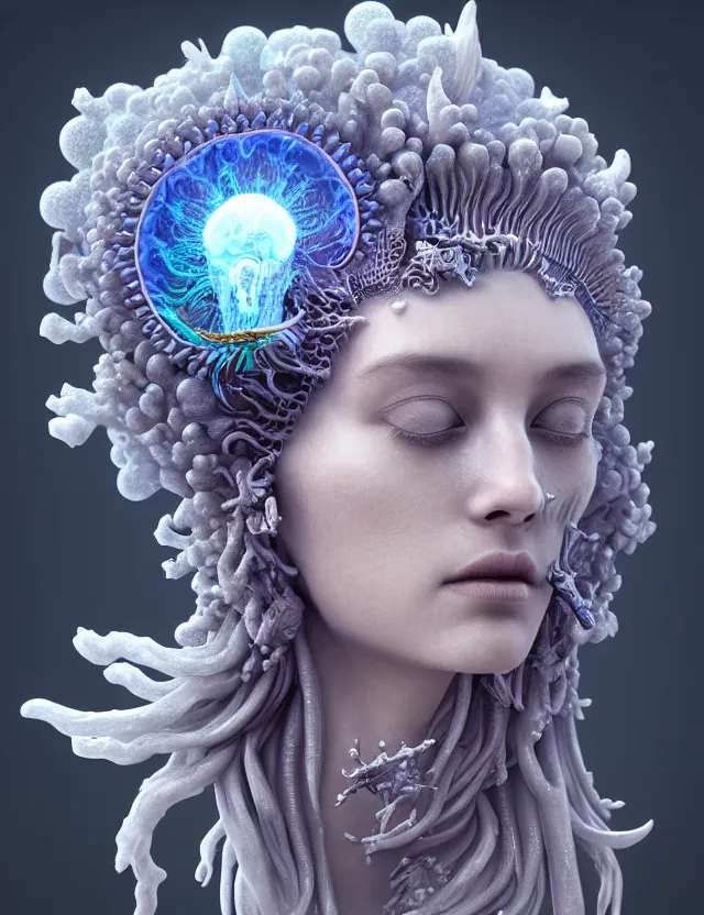 Image similar to 3 d goddess macro close - up portrait wigh crown made of ram skull. betta fish, jellyfish phoenix, bioluminiscent, plasma, ice, water, wind, creature, super intricate ornaments artwork by tooth wu and wlop and beeple and greg rutkowski