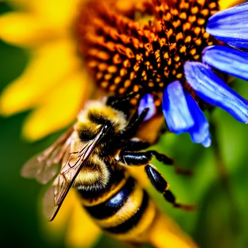 Prompt: bee comprised of flowers, legs as pedicels, wings as flower petals, sits on a finger, 5 0 mm lens, f 1. 4, sharp focus, ethereal, emotionally evoking, head in focus, volumetric lighting, blur dreamy outdoor, inspired by giuseppe arcimboldo