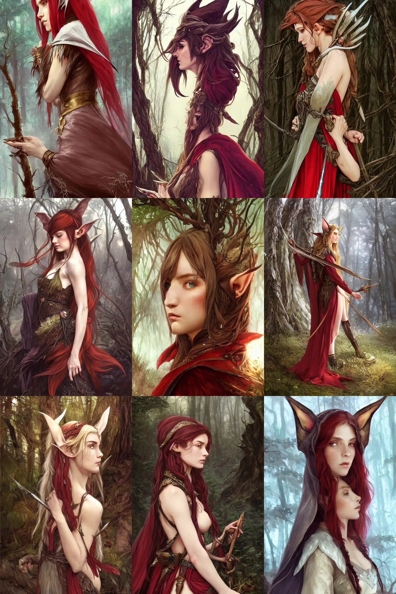 Prompt: side portrait high-fantasy elf girl with detailed pointed sharp long ears, adventurer outfit large cloak, fantasy forest landscape, moonshine, fantasy magic, feathery red hair, dark light night, intricate, elegant, sharp focus, illustration, highly detailed, digital painting, concept art, matte, art by WLOP and Artgerm and Greg Rutkowski and Alphonse Mucha, masterpiece