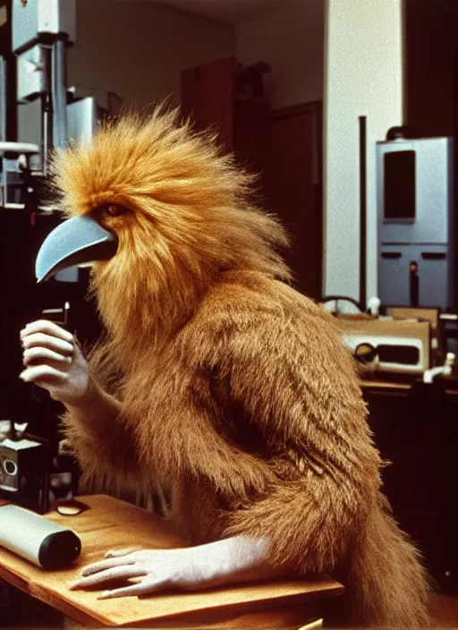 Image similar to realistic photo of a a hairy furry fluffy birdman, very long beak, in a living room sci - fi laboratory with many wooden gadgets made of wood interior is made of wood 1 9 9 0, life magazine reportage photo, natural colors