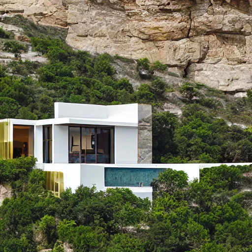 Image similar to contemporary cliffside villa, made of stone and intricate gold details