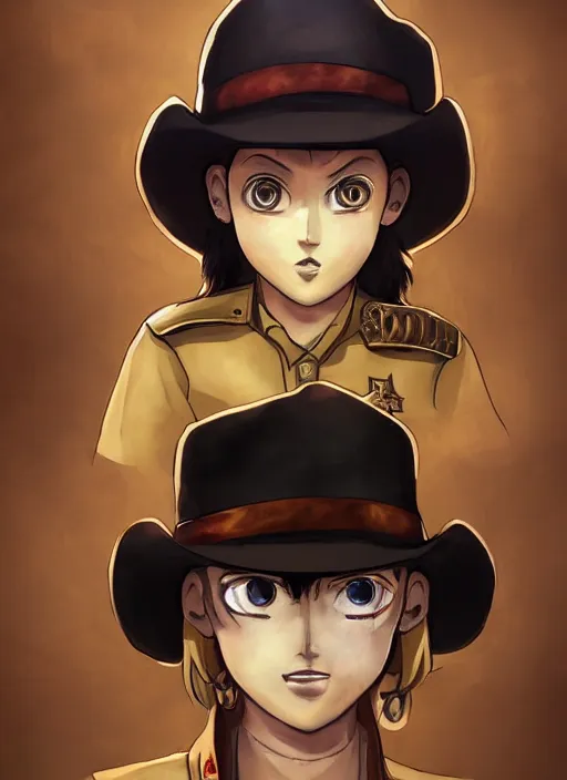 Image similar to a portrait one person, complexity, global lighting, detail, ultra sharpness, beautiful female sheriff body from games yoshihiro togashi style, big eyes, plump lips, a gunshot, global lighting, western saloon theme, detailed faces, blank faces, style by cain kuga, cowboy bebop art style