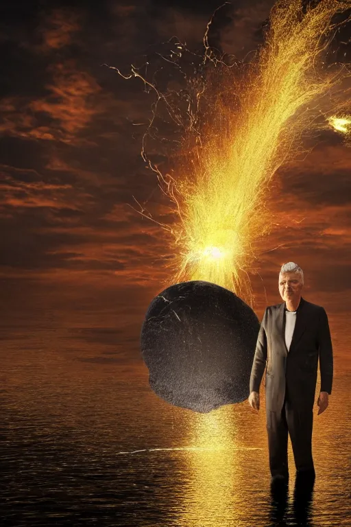 Prompt: h. p. baxxter standing in water with explosion in background, full body, reflection in water, volumetric lighting, golden ratio