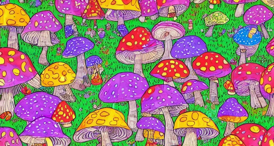 Image similar to A tribal village in a forest of giant mushrooms, by Lisa Frank,