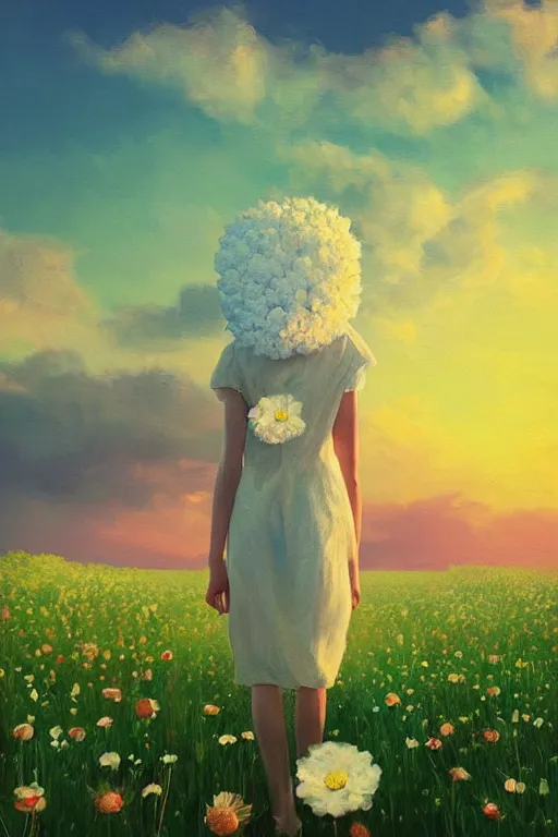 Image similar to giant white flower head, girl walking in a flower field, surreal photography, sunrise, dramatic light, impressionist painting, colorful clouds, digital painting, artstation, simon stalenhag