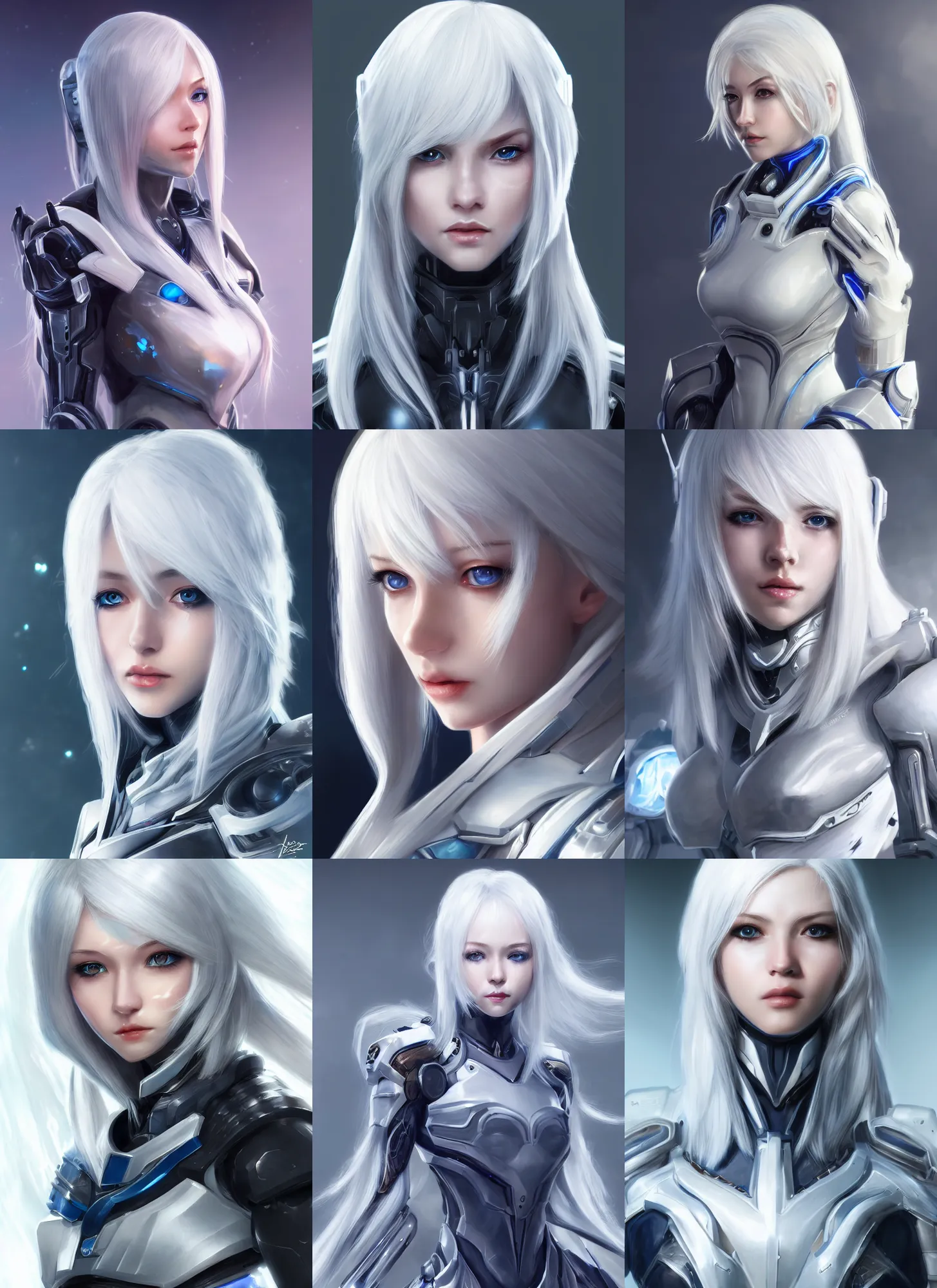 Image similar to detailed portrait of perfect white haired girl, android, warframe armor, beautiful, pretty face, blue cyborg eyes, innocent, scifi, 4 k, sun yunjoo, ultra realistic, aura of light, cinematic lighting, highly detailed, sharp focus, artstation, masterpiece, art by hyungjin yang