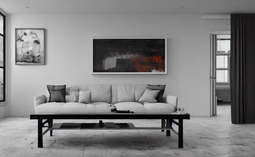 Image similar to a concrete room with a wooden table and a leather sofa and paintings on the wall, high quality, 8 k, architecture, symmetrical, harmonious, black white and orange colours, calm, high coherence, natural lighting, path traced, highly detailed, hyperrealistic, concept art, octane render, unreal engine 5, trending on artstation, beautiful, elegant