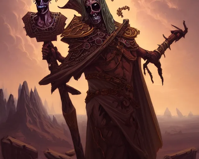 Image similar to an undead desert lich pharaoh, holding a goat head staff, deep focus, d & d, fantasy, intricate, elegant, highly detailed, digital painting, artstation, concept art, matte, sharp, illustration, hearthstone, art by artgerm and greg rutkowski and alphonse mucha