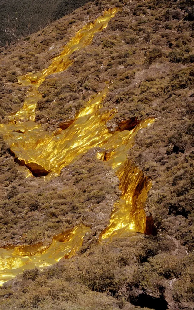 Prompt: vintage color photo of a massive liquid gold sculpture in cordillera de los andes, image by werner herzog