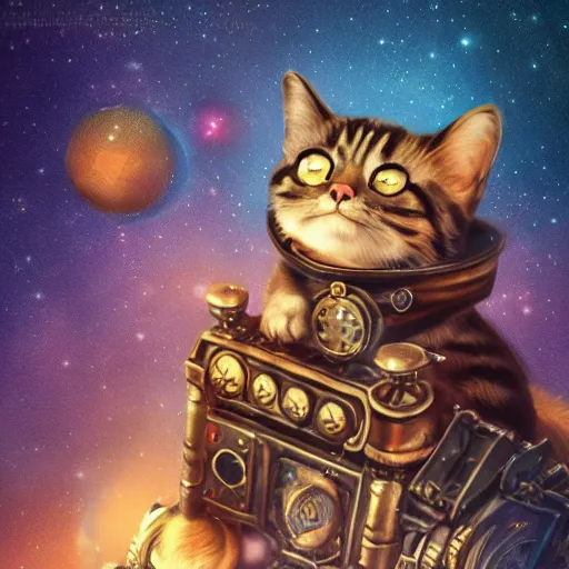 Image similar to A lazy steampunk cat jumping over the galaxy, digital illustration, concept art, 8k, trending on artstation