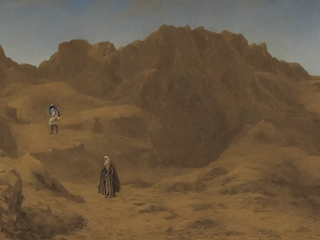 Prompt: scene with figure in the desert. painting by ernst steiner