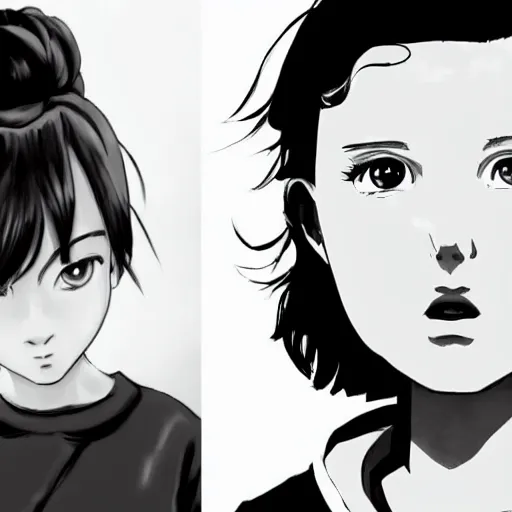 Prompt: Millie Bobby Brown in black and white anime