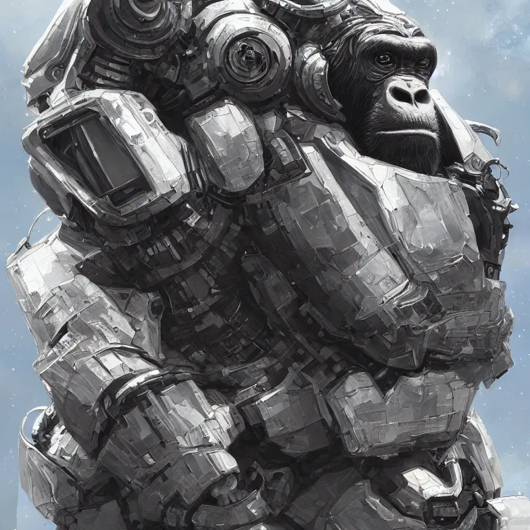 Image similar to detailed science-fiction character portrait of a silverback gorilla wearing a white armored space suit, intricate, wild, highly detailed, digital painting, artstation, concept art, smooth, sharp focus, illustration, art by artgerm and greg rutkowski and alphonse mucha