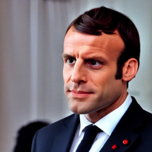 Prompt: bald and beardy Emmanuel Macron in American Psycho (1999)